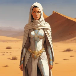 [art by Esteban Maroto] She stands amidst the arid desert, a young Bene Gesserit adorned in a remarkable Fremen stillsuit, a testament to her adaptability and survival instincts. The suit, intricately woven with a network of tubes, serves as her lifeline in this parched land. The stillsuit's muted colors blend seamlessly with the desert landscape, allowing her to move unnoticed, a ghost in the sand. Its design, passed down through generations of Fremen