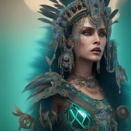 Inca death queen, dark, disturbed expression, 12k, ultra high definition, finely tuned detail, unreal engine 5, octane render, realistic face, intricate head dress, detailed turquoise jewelry, detailed hair, detailed feathers, use dynamic palette, accurate proportions, high contrast, place of the skulls