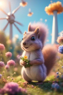 plexi glass tower, portrait of a cute fluffy wolly squirrel with an open parachute holding weird flowers in the style of pixar, on a strange planet with weird colors and wind turbines, bokeh like f/0.8, tilt-shift lens 8k, high detail, smooth render, down-light, unreal engine, prize winning