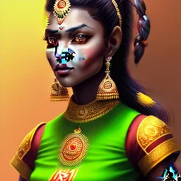 personnage de fantaisie, féminin, indienne, peau sombre, 1 mèche verte