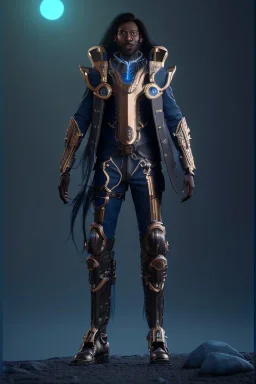 full body portrait, male dark elf, dark skin, long white hair, haunting blue eyes, and wearing a golden steampunk exoskeleton powered by gears, in high fantasy style