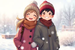 cute detalied illustration from one boy and one girl dressed warmly in coats and hats, enjoying a day out in the snow together. They are both smiling and embracing the cold weather, winter scene, detalied, 3d anime, aesthetic design, snowy landscape, beautiful shot, stunning, cinematic