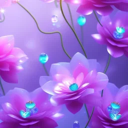 very beautiful crystal flowers , elegant, cascades, atmospheric, realistic, cinematic lighting, pink blue light, 8k, galactic atmosphere, flowers