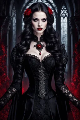 A captivating, high-resolution image of a stunningly elegant vampire woman exuding both beauty and danger. Dressed in exquisite black gothic clothing adorned with intricate details and black lace, on her dress red blood stains adding a dramatic effect. Her pale skin contrasts sharply with her dark attire, and her long, dark hair cascades down her shoulders. Holding a glass of red wine, she radiates an air of mystery. The background is dark and enigmatic, with soft, realistic lighting casting sha