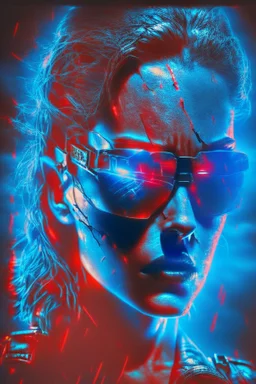 Photo of a half broken female Terminator, with dark sun glasses, bright red eye, Hollywood movie poster style, atmospheric blue light night time, high contrast dark moody lighting, full body shot