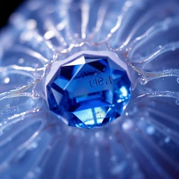High-end professional macro studio photography of translucent organic membrane pierced by sapphire crystals, shot with macro rail focus stacking, dual diffusion softbox + backlight caustic illumination setup, circular polarizer for reflection control, internal magical crystal glow, prismatic dispersion inside facets, ultra sharp focus, 8k jewelry-grade realism