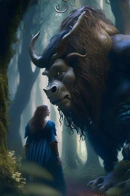 Disney made up Creature like the beauty and the beast standind ina magical forest. magnificent, majestic, Realistic photography, incredibly detailed, ultra high resolution, 8k, complex 3d render, ultra sharp focus, cinema 4d.