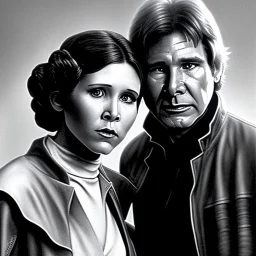 old carrie fisher embracing harrison ford in star wars, waist up portrait, photorealistic faces, intricate, color pencil masterpiece, expert, insanely detailed, 4k resolution, cinematic smooth, intricate detail , soft smooth lighting, soft pastel colors,