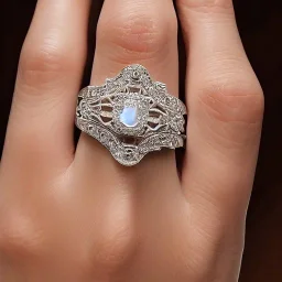 platinum, moonstone and diamond filigree ring, breathtaking, highly ornate, delicate, intricate, photorealistic, high fashion, fine jewellery, luxury, designer