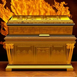 golden sarcophagus with fire on the inside, in a dungeon