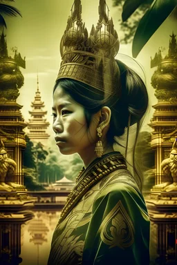 Double exposure: Queen Chamdevi, a Laos woman from the Hariphunchai empire. Beautiful, elegant and strong, covered in a golden Bow, wearing a sword, standing and holding a Bow. vs aerial view of The ancient city of That Lung temples, wat xieng thong and patuxai from the Laos Lan Xang period., intricate details, seamless transformation, green mountain water fall birds flying background, (intricated detail:1.5), 8K photo, RAW, Trending on Artstation.