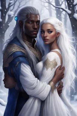 young dark-skinned sorceress with blue eyes and straight long snow-white hair, hugging her betrothed man