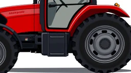 side of a modern closed cab tractor(red) with black wheels, digital illustration