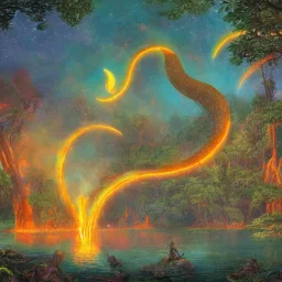 A large and ancient temple made of glowing fire and lava in the middle of a beautiful and large lake full of mermaids with beautiful rainbow-colored tails in the middle of a thick and green forest and surrounded by tall and sturdy trees, complete painting elements And with fine and detailed details, neon color and happy colors, crescent moon and many stars in the sky, painting view from afar, full HD, 8K, 16K, 24K