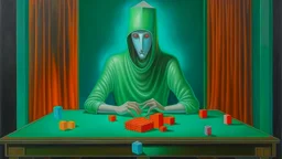 the cube-headed poker player at the green table surreal by peter mitchev, hyperrealistic