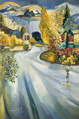 open, free, clear, bluish-white, flowing, smooth, bright, focused, and intense; Post-Impressionist painting inspired by Klimt and Hundertwasser; Golden Hour; Exquisitely Detailed; Foliage Palette