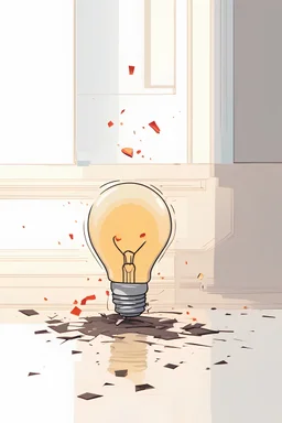 a shattered incandescent light bulb lies on the floor, (the glass bulb is shattered and exploding), (a small smiling heart) is flying around the light bulb, pixel art, minimalistic