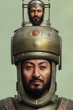 Ottoman Empire sultan head portrait, warrior armor , village, meditation, woods, galaxy sky, 8k quality , portrait,beautiful robotic ,ghost in the shell , post-apocalyptic in a cyberpunk city, realistic, intriacte detail, sci-fi fantasy style, volumetric lighting,24mm , particales,highly detailed,cinematic, deep purple , green eyes .