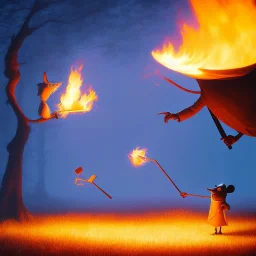 The mouse and the grim reaper on fire world, discussing the future of the universe, art by Pixar and Magritte