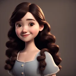 a portrait of smiling girl. carricature. cute. adorable. black hair. medium wavy hair. fair skin. dark brown eye pupils. small nose. heart face shape. formal dress. pixar style. 3D. 4k. portrait. highly detailed. sharp focus. high resolution. full color. cinema lighting