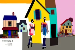 whimsical arafed nonsense, patchwork vibe, acrylic and ink painting of a cozy village main street on undulating hills with color (((minimal))) sketches of village people with (((extremely long limbs))), (((oversize head))), sharp color contrasts, amazing shadows, (((exaggerated limbs and head))), minimal cozy, warm palette, bright bold warm summer colors, color leak, sparse bright orange-red splinters, heavily distorted views, amazing parallels, amazing reflections