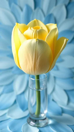 Yellow Rose in crystal vase, The background should be composed of blue petals that gradually transition to a creamy butter-colored center, with the petal tips delicately tinted in a noble, pale blue. The transitions between colors should be seamless and smooth, with no sharp edges, giving the petals an ethereal, veil-like, silky appearance. Focus on capturing the soft texture and gentle flow of the tulip petals, creating a dreamy and elega