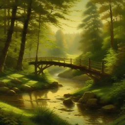 A beautiful Landscape scene with forest, river and bridge in finely deta backlit, the style of Józef Mehoffer.