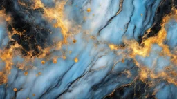 Hyper Realistic Sky-Blue, Golden-&-Black-marble-background with glowing-embers & white-scratch-marks vignette-effect