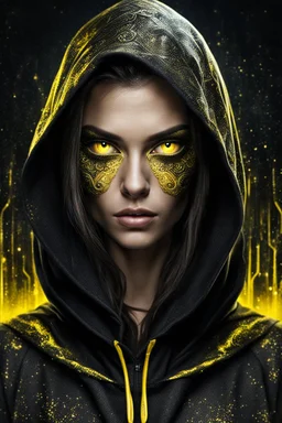 shiny yellow cat eyes woman, wearing dark hoodie, very detailed, sharp focus, random background, dark fantasy, stunning