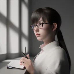 female student studying by the window, anime style,perfect face, cool face, ultra detail, unreal engine 5, cinema4d, sun light, studio lighting --ar 1:1 --v 4