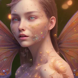 intricate details, realistic, octane,colorfull unreal engine, ,zoomed out + portrait, volumetric lighting, shiny,extreme detail, Photorealism, High detail, Hyper realistic fairy with butterflies in a forest, macro lens blur,abstract paint, sharp,eos5d mark 4, ef 85mm 5.6, focus
