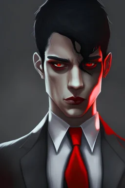 Realistic, red eyes, light skin, short black hair, red earring, suit and tie clothing, gloves on hand
