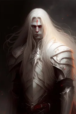 Paladin in dark armor, white long hair, Red eyes, standing in mists, Male, dark art, Ivory Peach skin, young