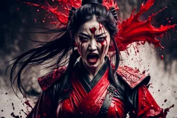 Tall girl samurai, face distorted with pain, screaming, tears streaming from eyes, siting pose, fullbody, splashes blood, behind guts rising from the ground, intricate, darkred tones, macro photography,