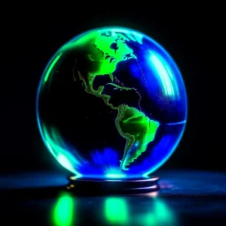 an earth globe looking like a crystal ball in a dark room, dark green and blue colors, fantasy atmosphere, photo quality