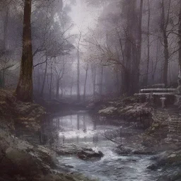 forest river, ruins, concept art watercolor