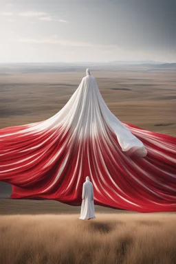 Giant massive huge in stature, majestic entity, hovering and floating over a large field landscape. the entity wears a white and red draped fabric that has printed on the material resembling stars. the fabric has also technological elements. you can see how big it is compared to a tiny human standing in front of it