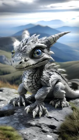 Grey Baby Dragon on Mountaintop, Black Eyes