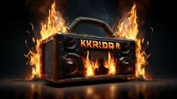 4K. REALISTIC FULL DETAILS. LOGO EMISSION DE RADIO HARDROCK FIRESTARTER TERMINATOR. FLAMMES EN FOND D IMAGE RADIO QUI BRULE