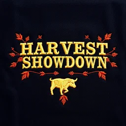 an autumn colored textured cloth embroidered ornamental leaves and cattle, pointed bottom, on dark background, embroidered text across top "HARVEST SHOWDOWN" block text, Canadian western cowboy style