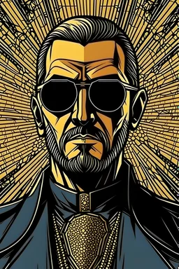 strange priest wearing sunglasses who looks like Hans Gruber with a judgmental look on his face comic book style