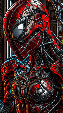 Fhoto reality, angle wide Raw, terminator Spiderman in venom armour, Warhol, digital art, illustration, intricate details, powerful composition, captivating, , trending on artstation, sharp focus, studio photo, intricate details, highly detailed, by addie_digi