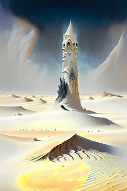 White desert sands with black tower painterly fantasy art