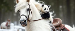 the high speed magical face of a fluffy horse with panda in saddle