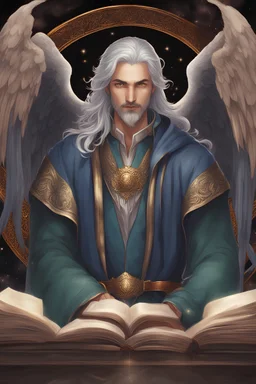 A young, male aasimar with green eyes. Shoulder-long silver hair. The man has two angel wings made of gold. A silver colored, extended goatee. Wearing elegant blue robes with copper colored trim. The robes have a hood that he is wearing. As a mage, he has a beautiful magical book on his belt. His hands are under his robe.