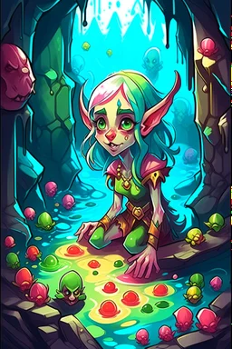 ((cute slimes)), ultra detailed illustration of a beautiful adult female elf, she is playing in a dungeon with ((slimes)), ((colorful slimes)), joy, art by MSchiffer, dark brown eyes, brunette, blushed, fangs, unzoom