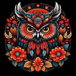 a colorful American owl face around big flowers mandala black background for book cover