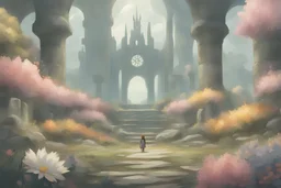 pokemon legend's of arceus environment, skyrim ruins, colorful, flowers, jon klassen and willem maris painting