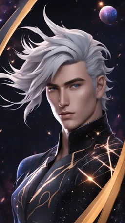 A close picture to guy with whit hair and galaxy skin in dreamshaper finetuned model with dynamic art style witg