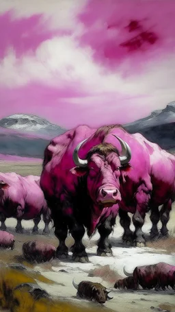 A blackish pink tundra with woolly rhinos painted by Claude Monet